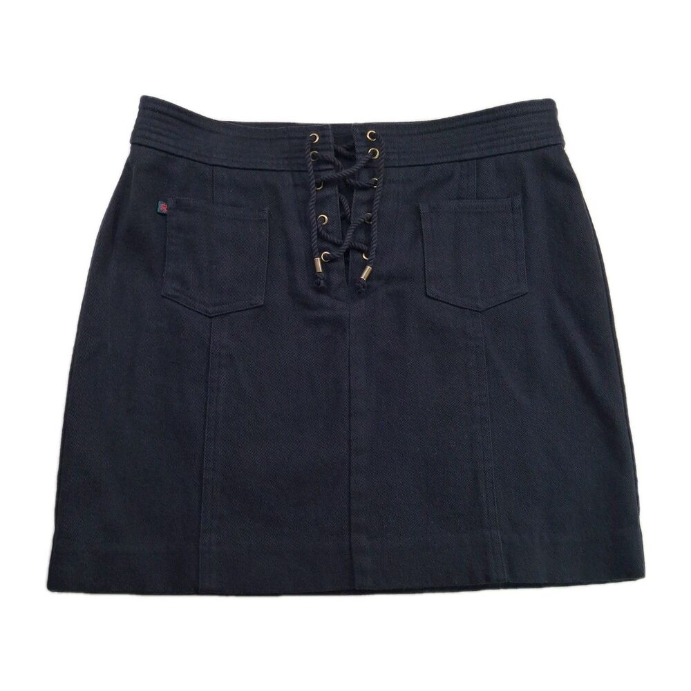 Vtg Ralph Lauren Sz 6 Black Denim Skirt Lace Up Button Closure Cotton Preppy